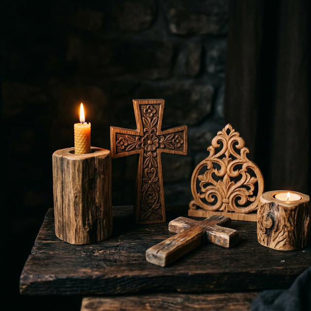 Drevené dekorácie — kríže, svietidlá, rezbárske ozdoby